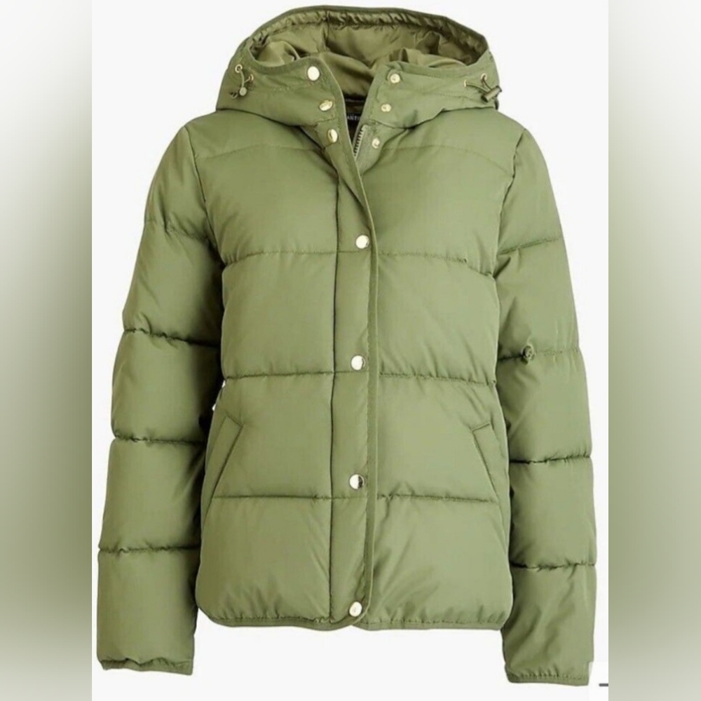 Jcrew Mercantile women's polyester olive green zip and button puffer jacket XXS